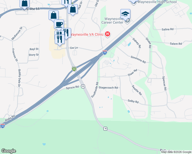map of restaurants, bars, coffee shops, grocery stores, and more near 20425 Steer Road in Waynesville