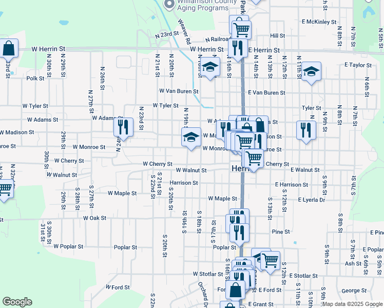 map of restaurants, bars, coffee shops, grocery stores, and more near 501 West Monroe Street in Herrin
