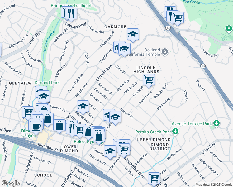 map of restaurants, bars, coffee shops, grocery stores, and more near 4086 Laguna Avenue in Oakland