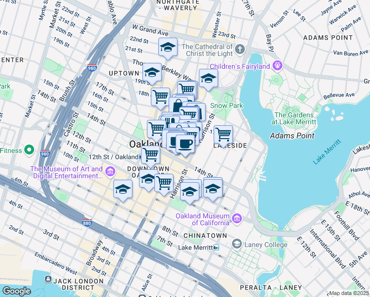 map of restaurants, bars, coffee shops, grocery stores, and more near 1508 Webster Street in Oakland