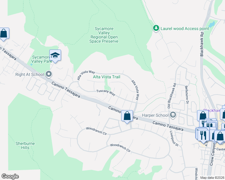 map of restaurants, bars, coffee shops, grocery stores, and more near 25 Cannes Court in Danville