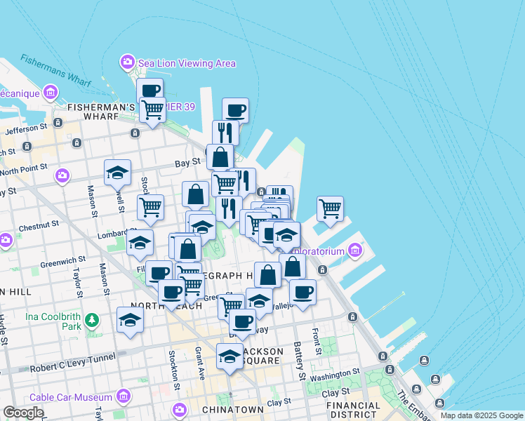 map of restaurants, bars, coffee shops, grocery stores, and more near 11 Lombard Street in San Francisco