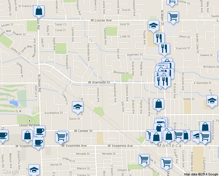 map of restaurants, bars, coffee shops, grocery stores, and more near 661 Kings Lane in Manteca