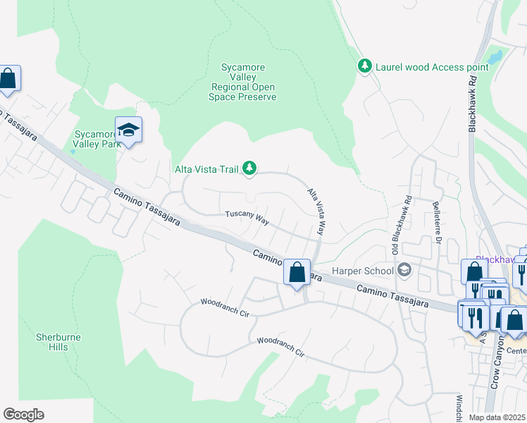map of restaurants, bars, coffee shops, grocery stores, and more near 227 Murcia Court in Danville