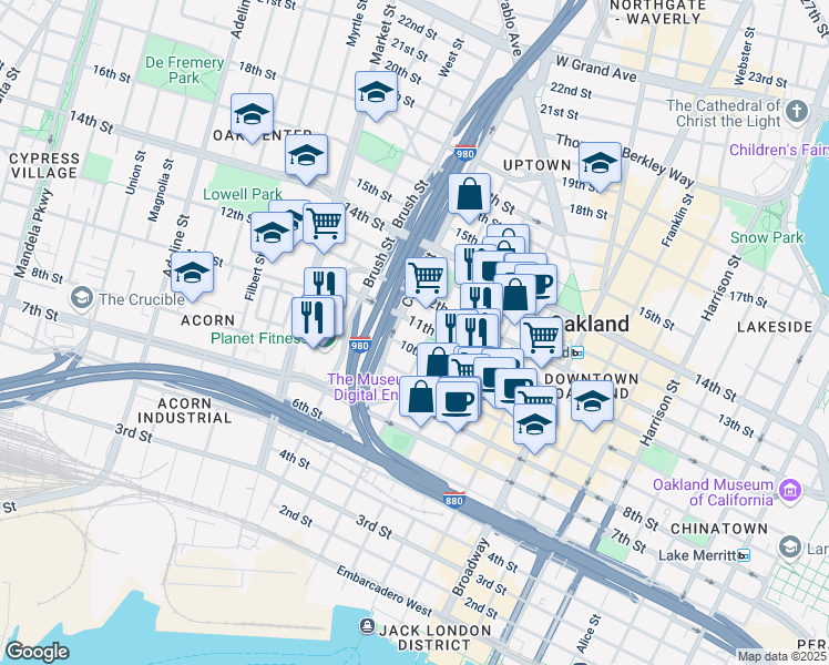 map of restaurants, bars, coffee shops, grocery stores, and more near 675 11th Street in Oakland