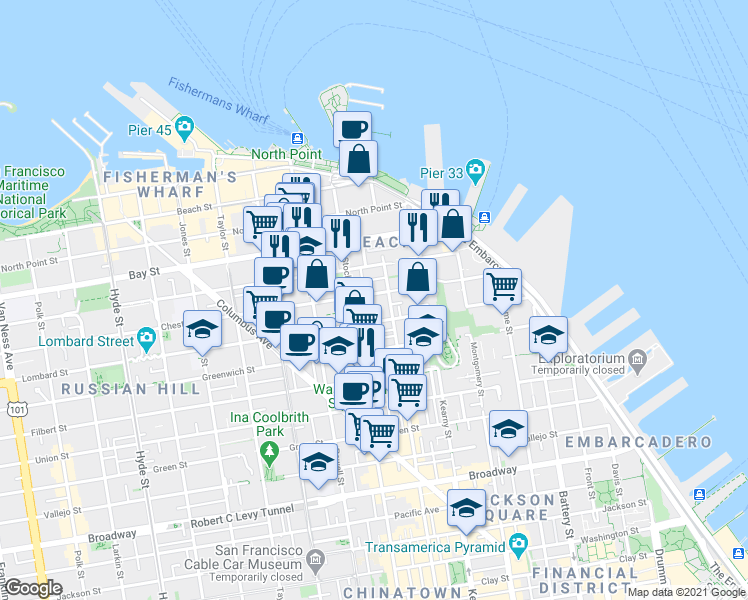 map of restaurants, bars, coffee shops, grocery stores, and more near in San Francisco