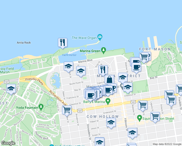 map of restaurants, bars, coffee shops, grocery stores, and more near 2 Prado Street in San Francisco