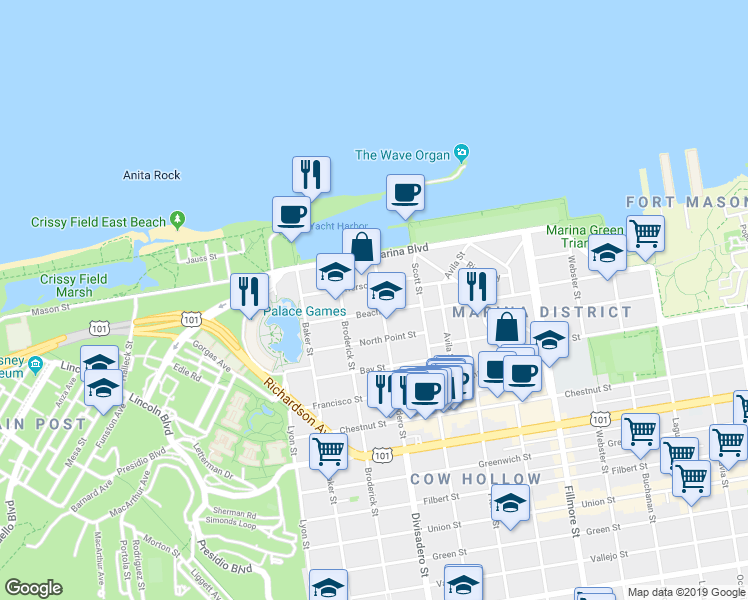 map of restaurants, bars, coffee shops, grocery stores, and more near in San Francisco
