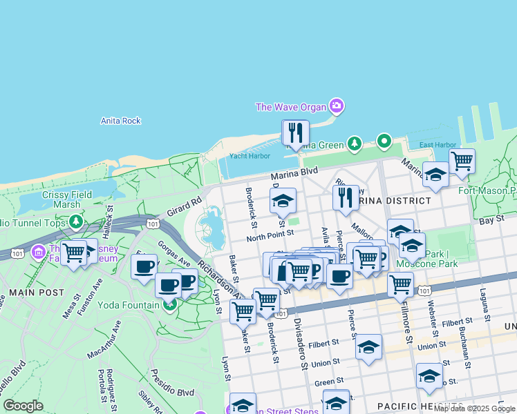 map of restaurants, bars, coffee shops, grocery stores, and more near 1981 Jefferson Street in San Francisco