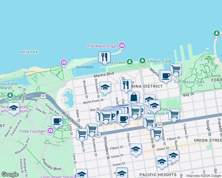 map of restaurants, bars, coffee shops, grocery stores, and more near 3720 Scott Street in San Francisco