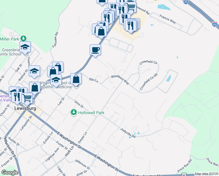 map of restaurants, bars, coffee shops, grocery stores, and more near 154 Clover Cir in Lewisburg