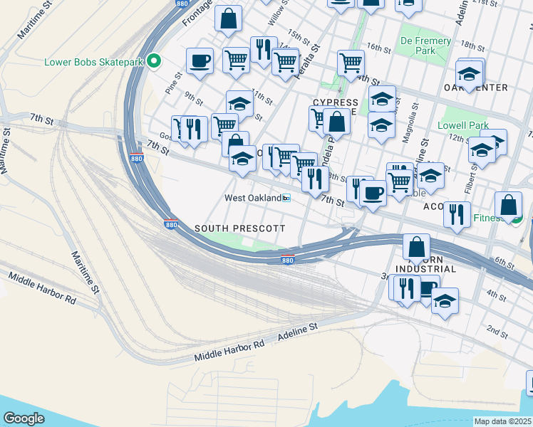map of restaurants, bars, coffee shops, grocery stores, and more near 1495 5th Street in Oakland