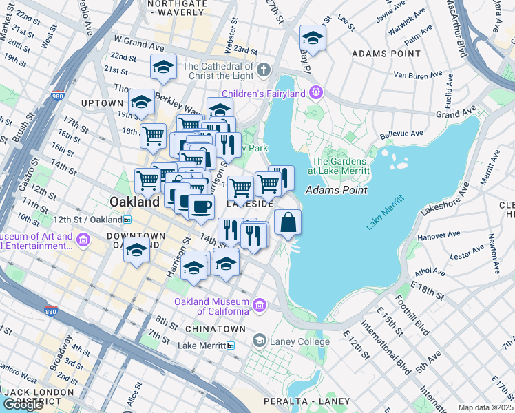 map of restaurants, bars, coffee shops, grocery stores, and more near 1560 Jackson Street in Oakland
