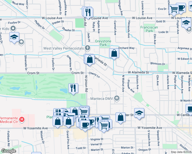 map of restaurants, bars, coffee shops, grocery stores, and more near 455 Cherry Lane in Manteca