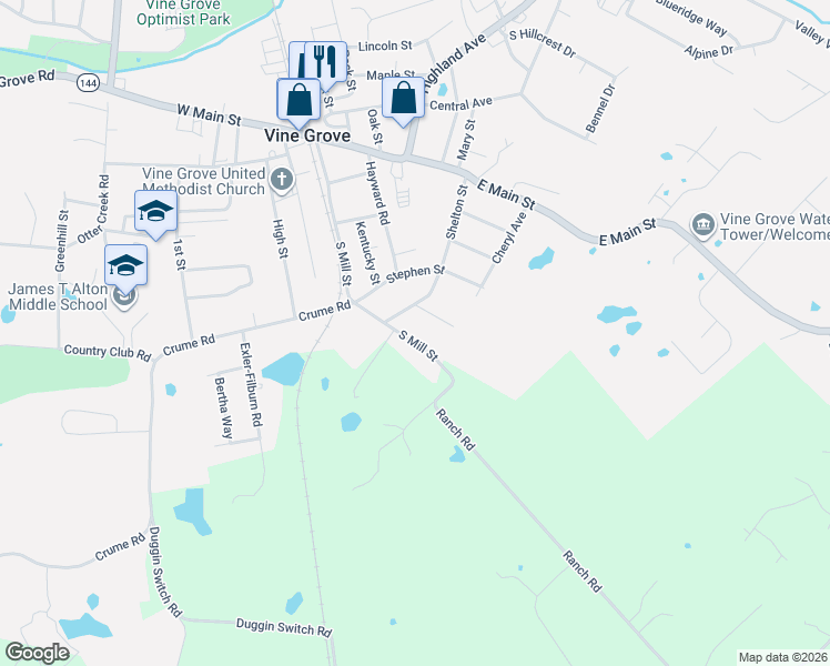 map of restaurants, bars, coffee shops, grocery stores, and more near 101-199 Clover Dr in Vine Grove