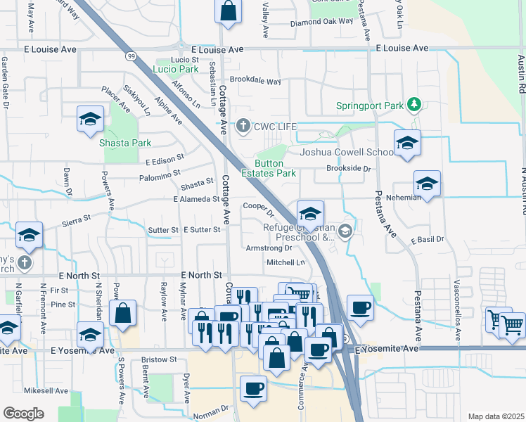 map of restaurants, bars, coffee shops, grocery stores, and more near 1238 Cooper Drive in Manteca