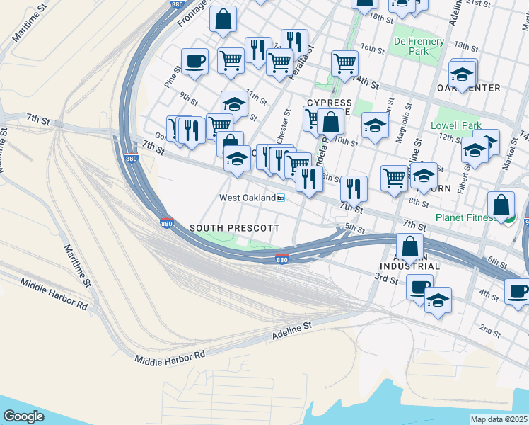 map of restaurants, bars, coffee shops, grocery stores, and more near 1495 5th Street in Oakland