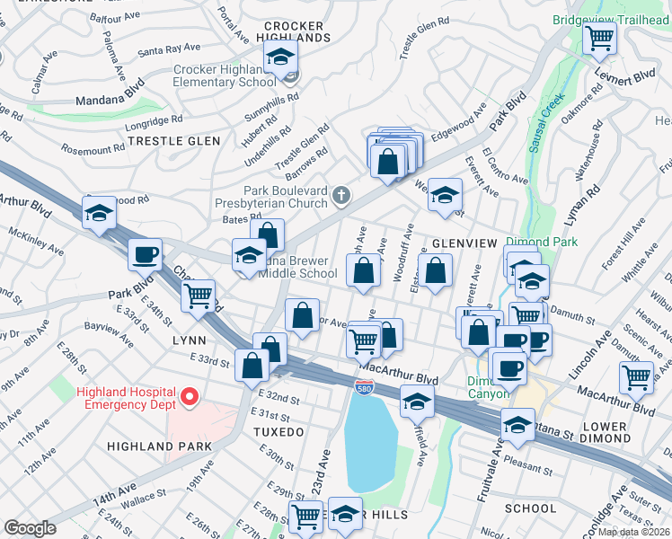 map of restaurants, bars, coffee shops, grocery stores, and more near 3828 Glen Park Road in Oakland