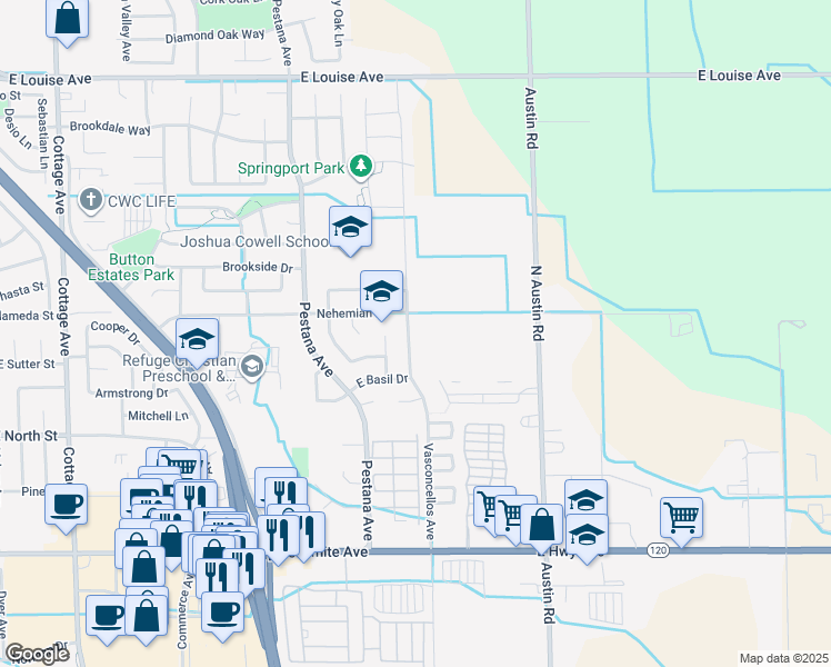 map of restaurants, bars, coffee shops, grocery stores, and more near 550 Vasconcellos Avenue in Manteca