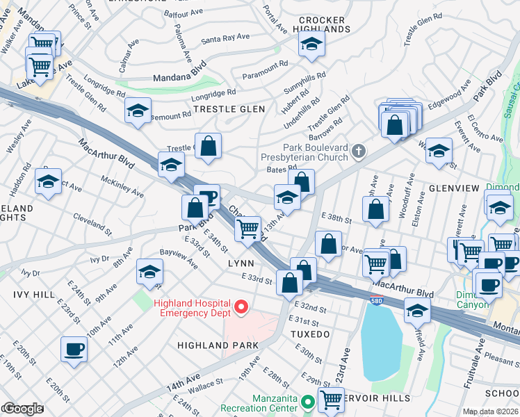 map of restaurants, bars, coffee shops, grocery stores, and more near 3707 Emerson Street in Oakland