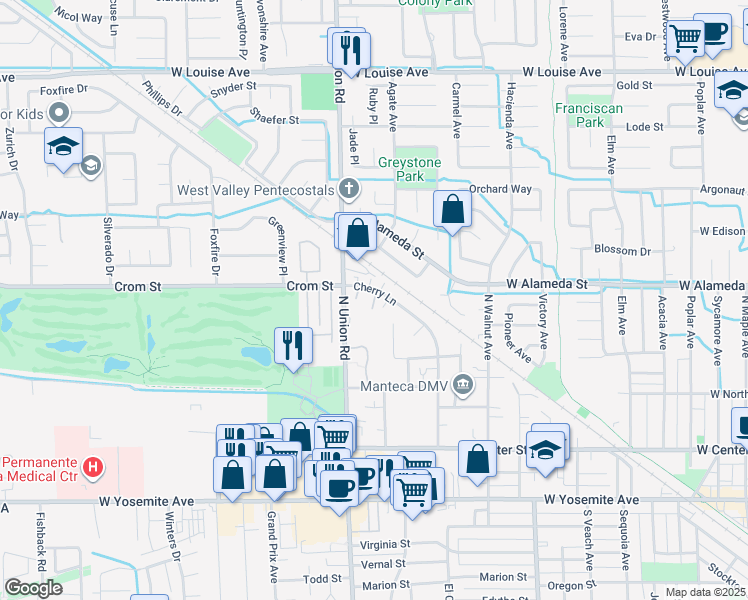 map of restaurants, bars, coffee shops, grocery stores, and more near in Manteca
