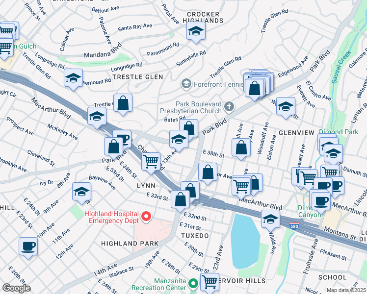map of restaurants, bars, coffee shops, grocery stores, and more near 3793 Park Boulevard Way in Oakland