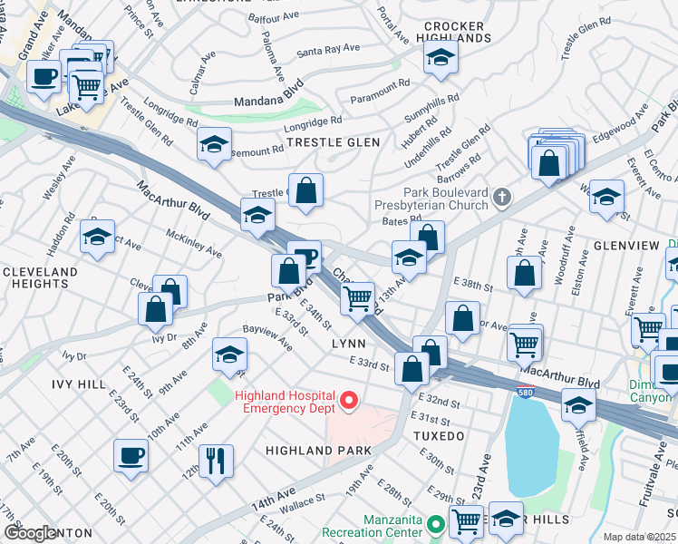 map of restaurants, bars, coffee shops, grocery stores, and more near in Oakland