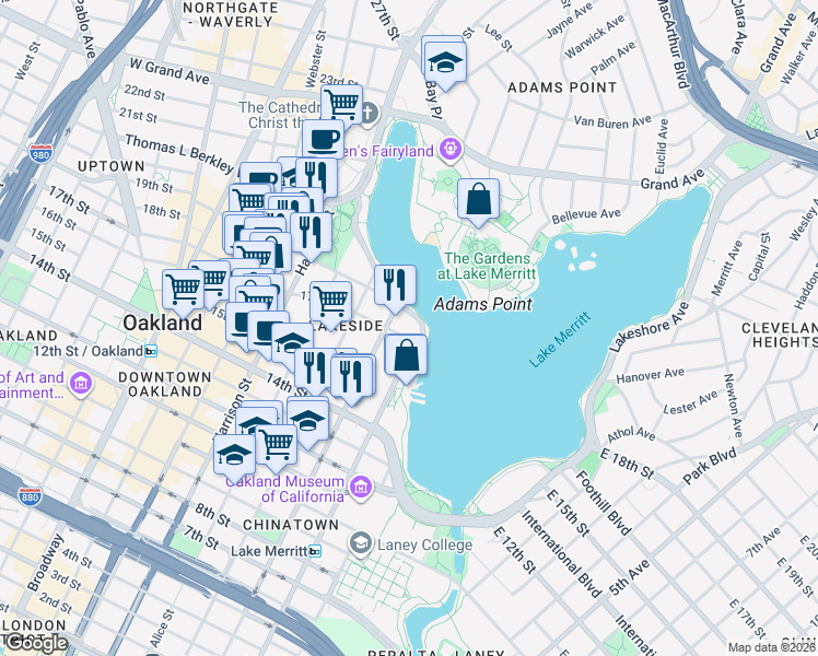 map of restaurants, bars, coffee shops, grocery stores, and more near in Oakland
