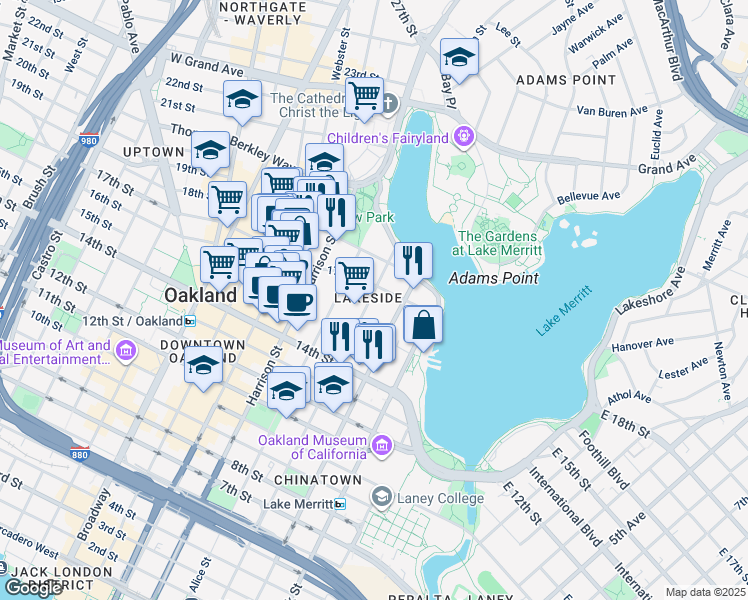 map of restaurants, bars, coffee shops, grocery stores, and more near in Oakland