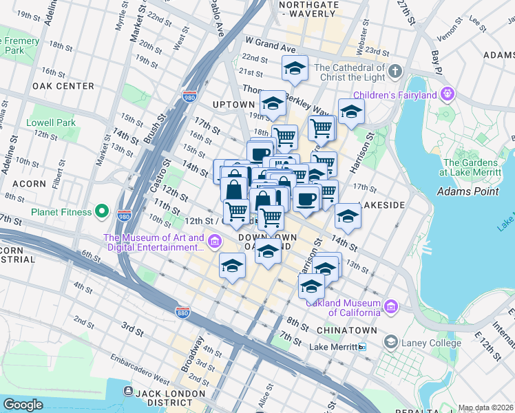 map of restaurants, bars, coffee shops, grocery stores, and more near in Oakland