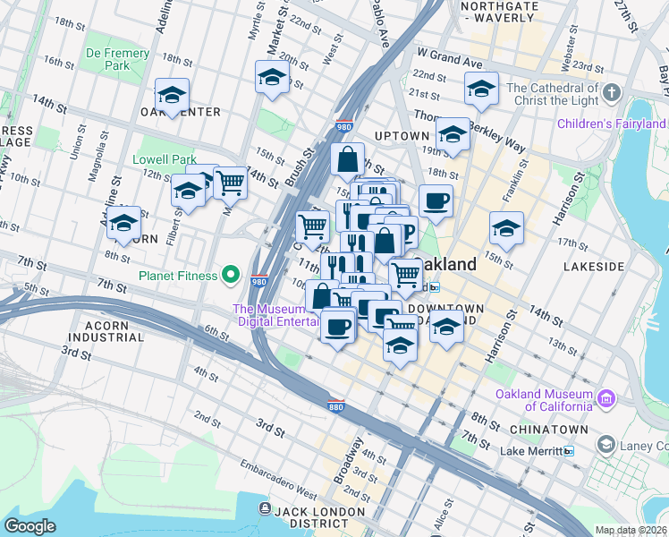 map of restaurants, bars, coffee shops, grocery stores, and more near in Oakland