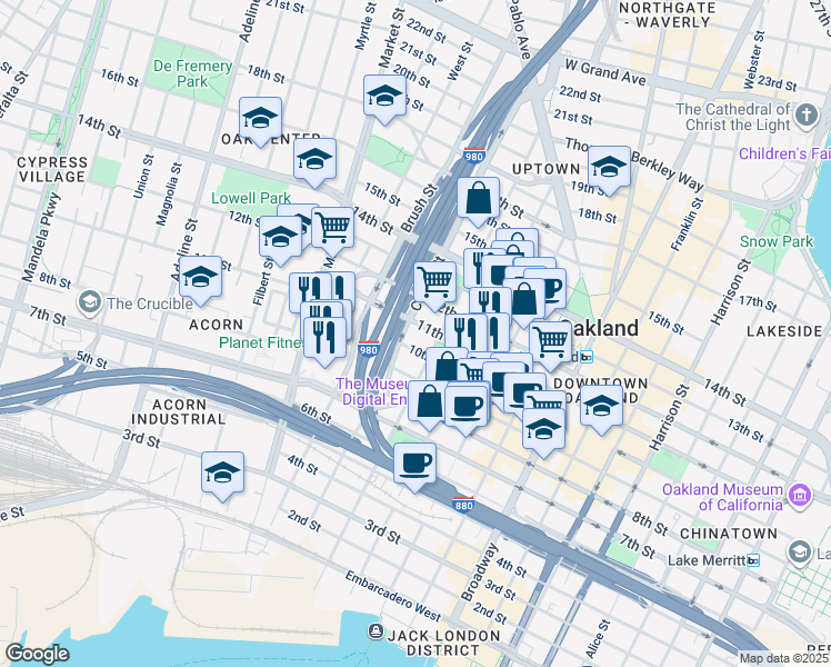 map of restaurants, bars, coffee shops, grocery stores, and more near 675 11th Street in Oakland