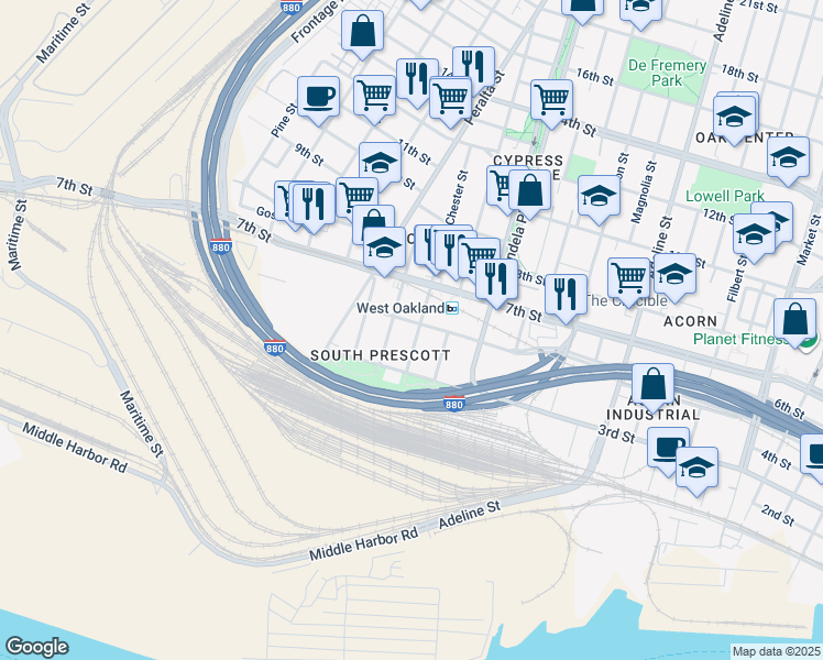 map of restaurants, bars, coffee shops, grocery stores, and more near 1500 Fifth Street in Oakland