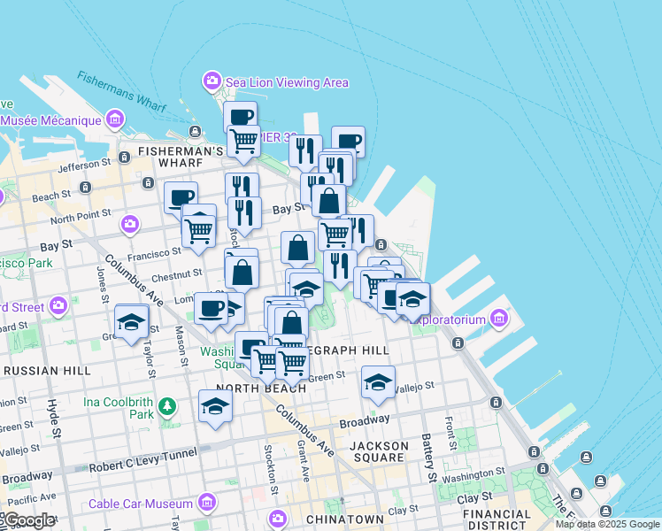 map of restaurants, bars, coffee shops, grocery stores, and more near 151 Chestnut Street in San Francisco