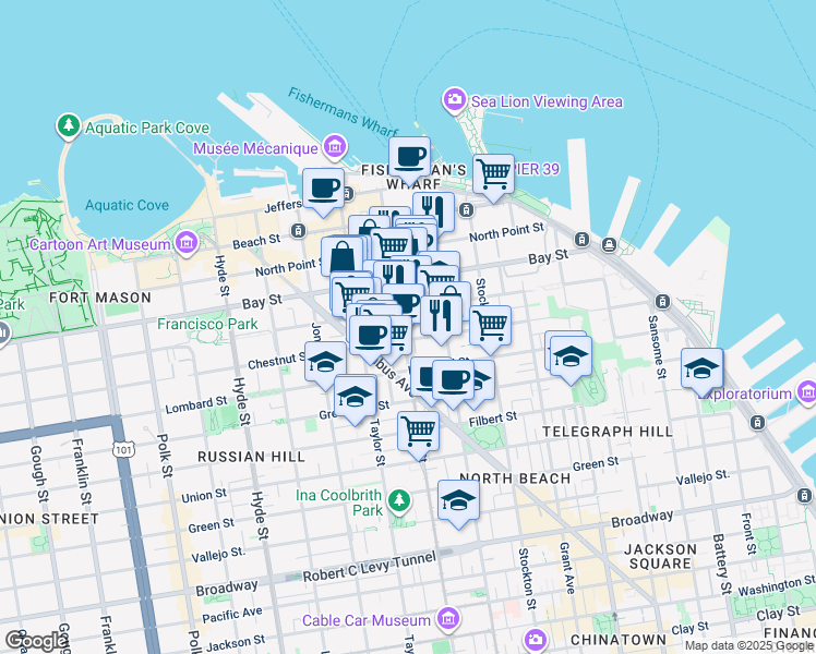 map of restaurants, bars, coffee shops, grocery stores, and more near in San Francisco