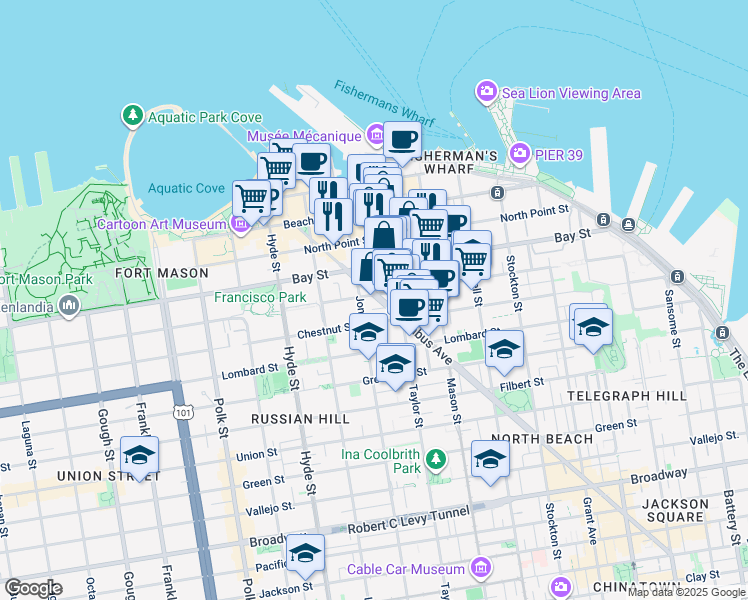 map of restaurants, bars, coffee shops, grocery stores, and more near 1111 Columbus Avenue in San Francisco