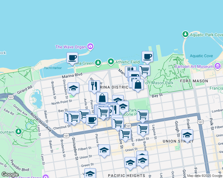 map of restaurants, bars, coffee shops, grocery stores, and more near in San Francisco