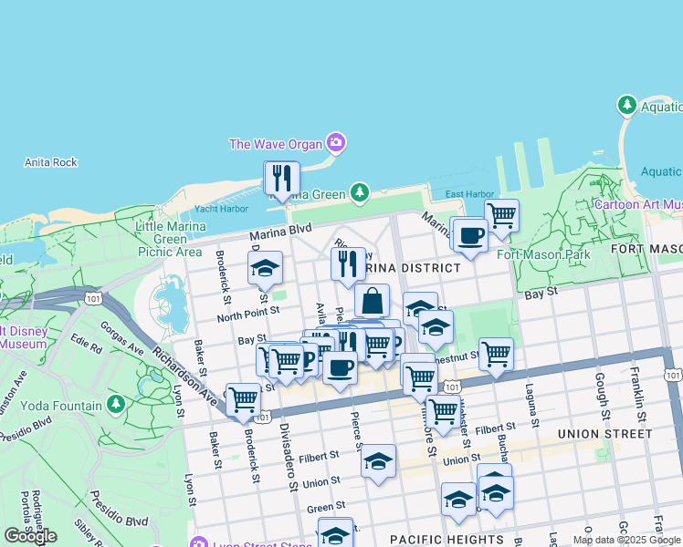 map of restaurants, bars, coffee shops, grocery stores, and more near 159 Cervantes Boulevard in San Francisco