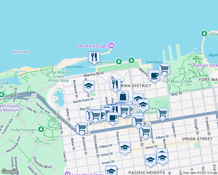 map of restaurants, bars, coffee shops, grocery stores, and more near 159 Cervantes Boulevard in San Francisco