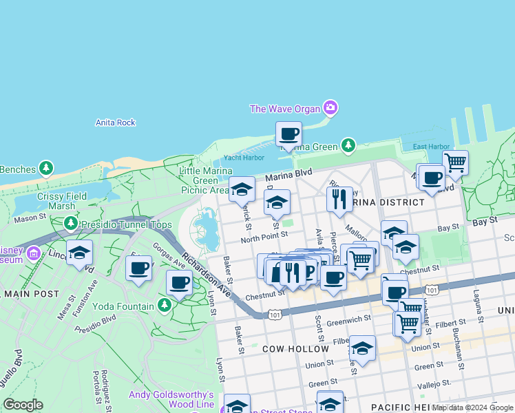map of restaurants, bars, coffee shops, grocery stores, and more near 1981 Jefferson Street in San Francisco