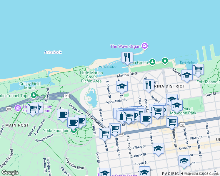 map of restaurants, bars, coffee shops, grocery stores, and more near 1981 Jefferson Street in San Francisco