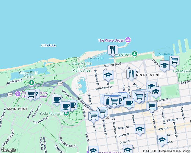 map of restaurants, bars, coffee shops, grocery stores, and more near 1981 Jefferson Street in San Francisco