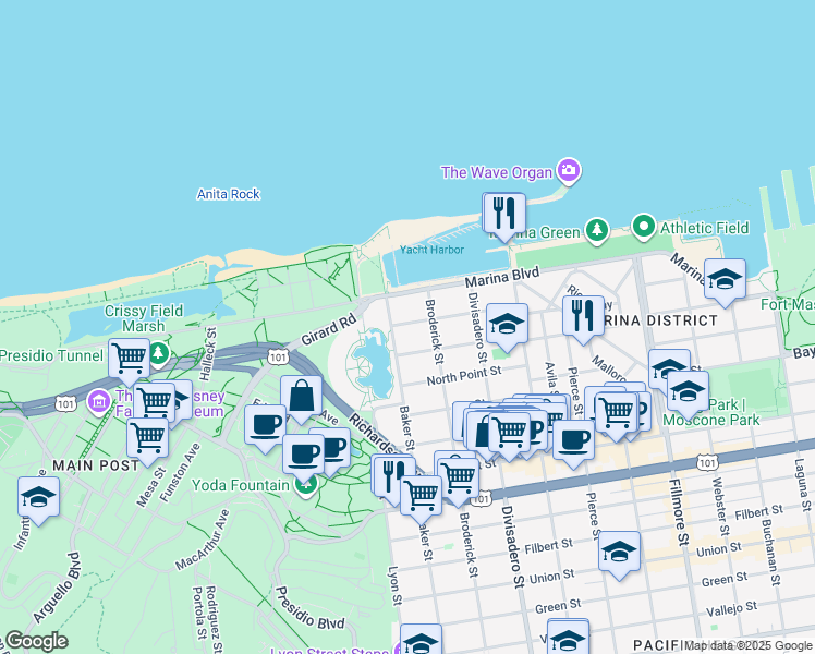 map of restaurants, bars, coffee shops, grocery stores, and more near 2056 Jefferson Street in San Francisco