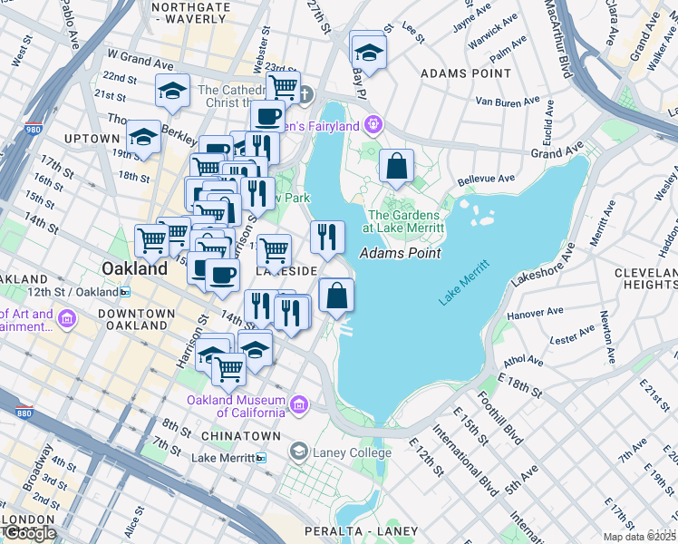 map of restaurants, bars, coffee shops, grocery stores, and more near in Oakland