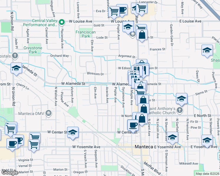 map of restaurants, bars, coffee shops, grocery stores, and more near 418 West Alameda Street in Manteca