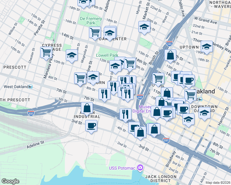 map of restaurants, bars, coffee shops, grocery stores, and more near 861 Village Circle in Oakland