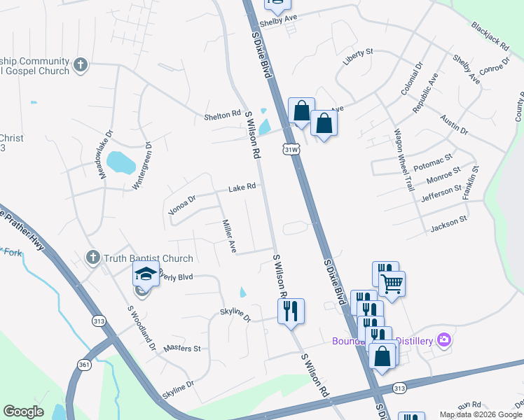 map of restaurants, bars, coffee shops, grocery stores, and more near 2678 Lavon Court in Radcliff