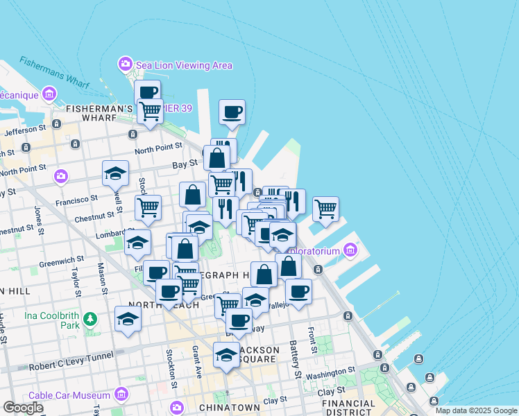 map of restaurants, bars, coffee shops, grocery stores, and more near 70 Lombard Street in San Francisco