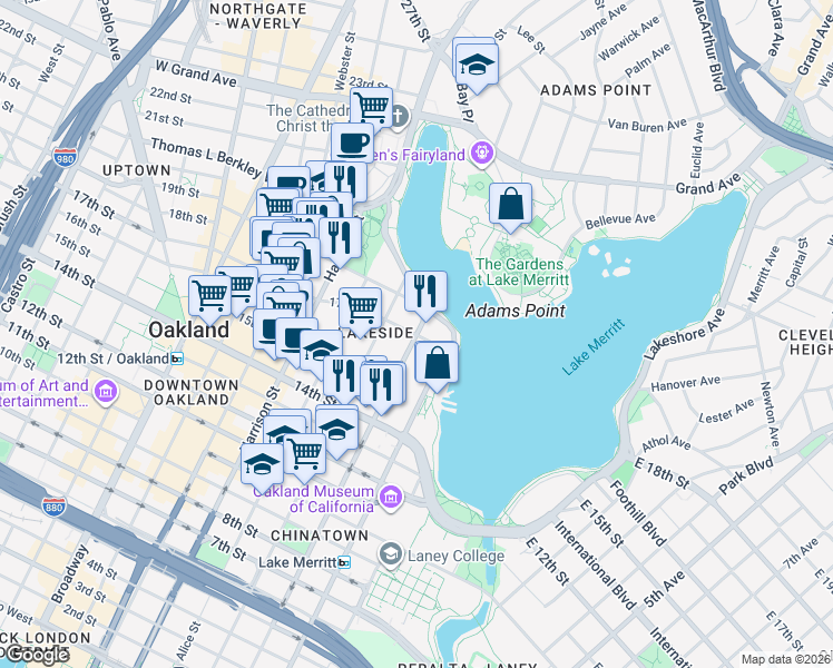 map of restaurants, bars, coffee shops, grocery stores, and more near Madison St & 17th St in Oakland
