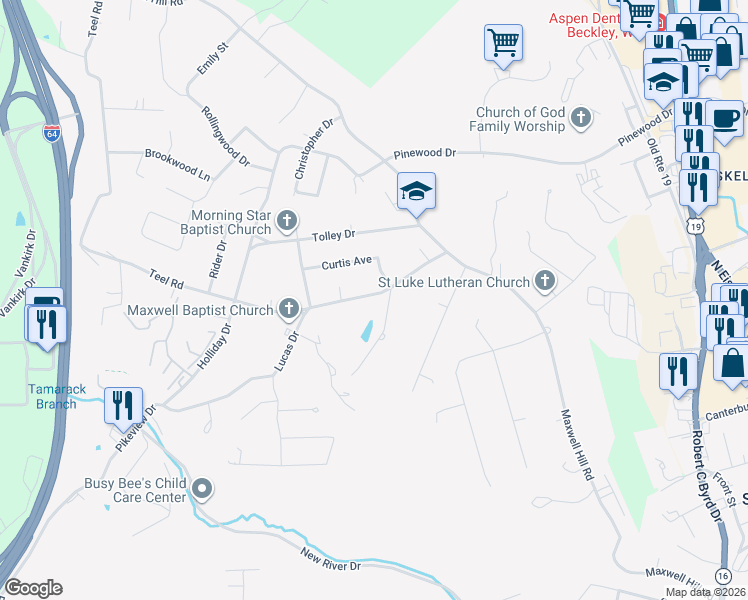 map of restaurants, bars, coffee shops, grocery stores, and more near 100 North Ridge Road in Beckley